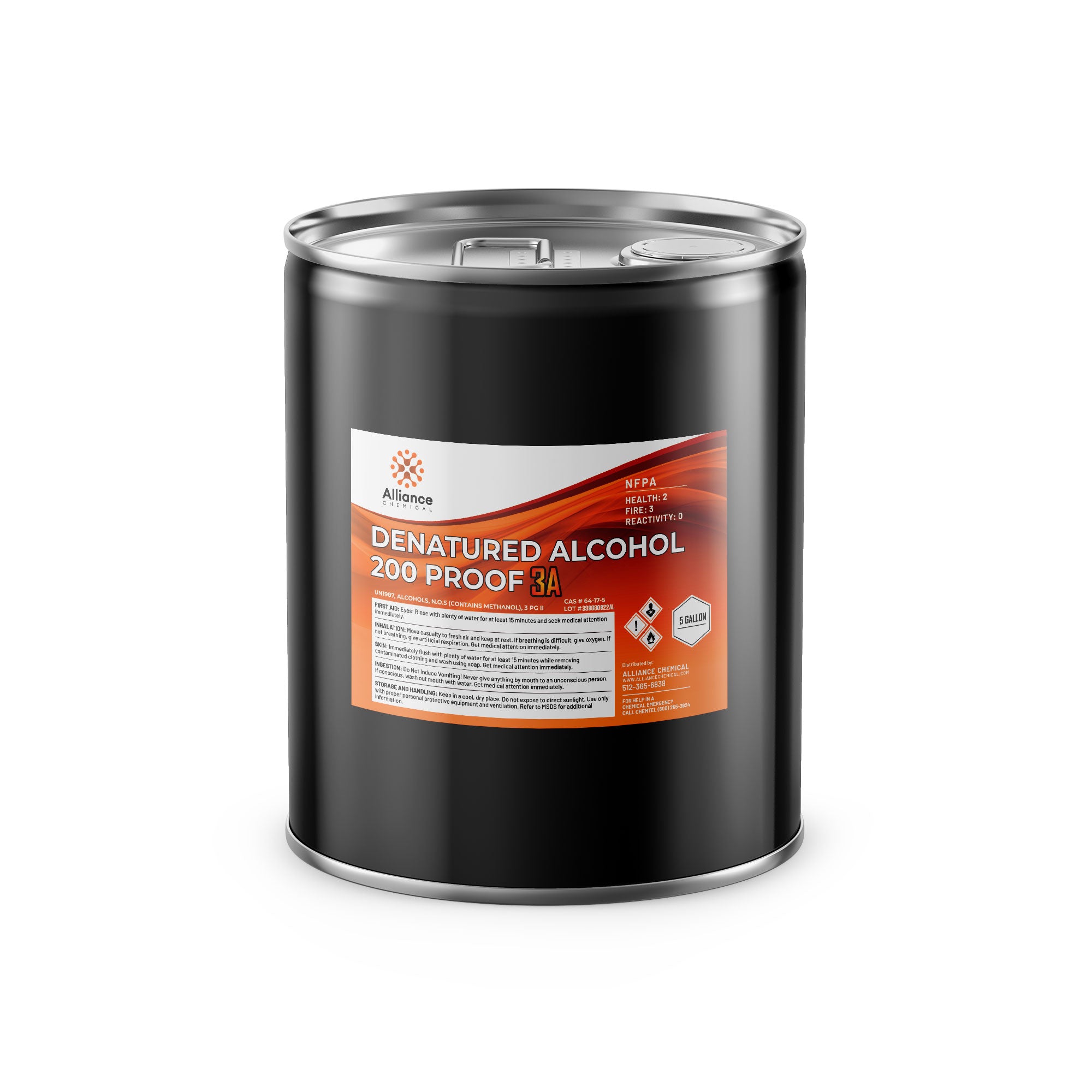 5-gallon steel drum of 200-proof denatured alcohol 3A with NFPA diamond (2-3-0), hazard symbols, and industrial safety labeling by Alliance Chemical.